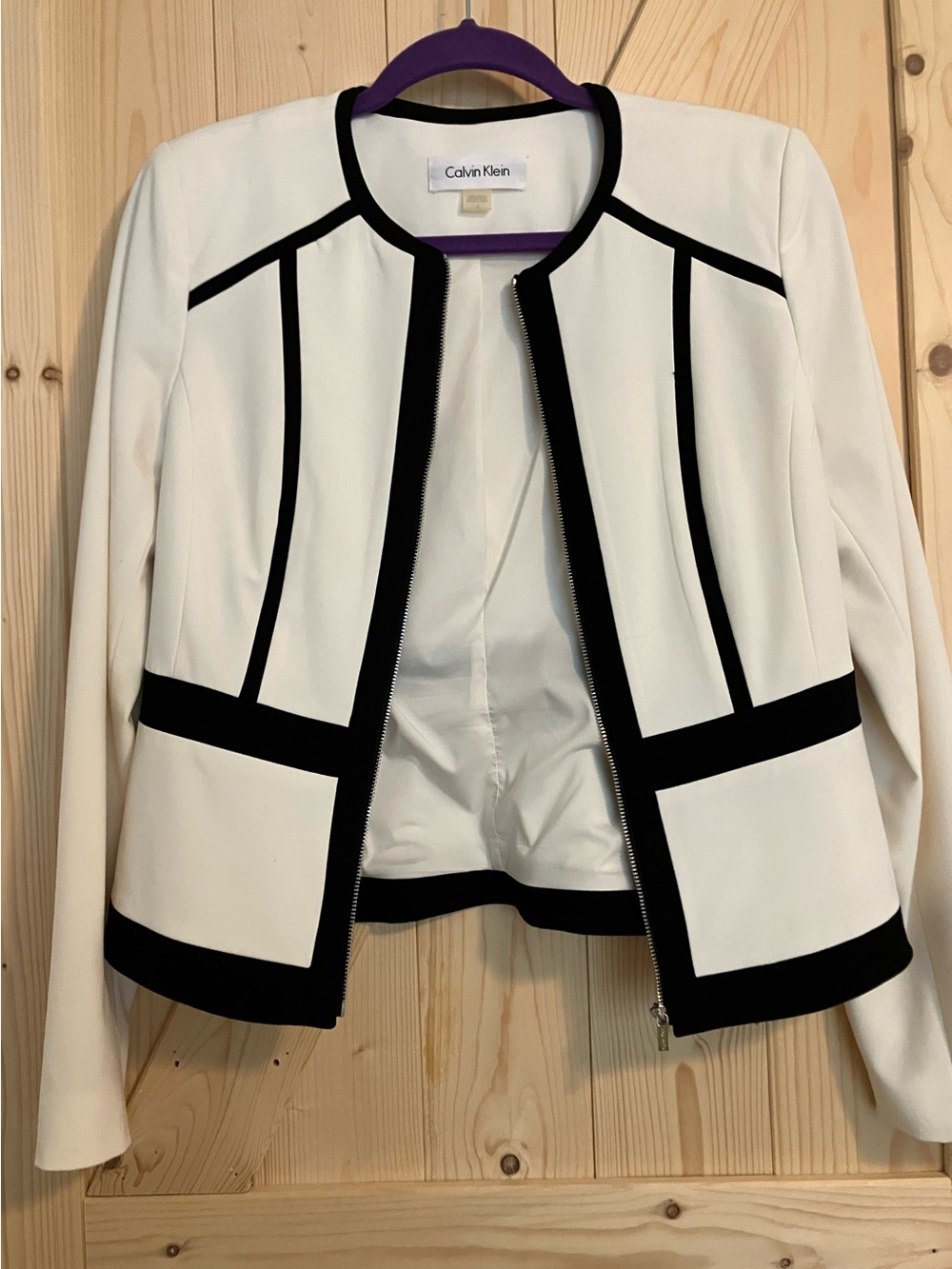 Calvin Klein Women's White and Black Zip-Front Jacket / Blazer